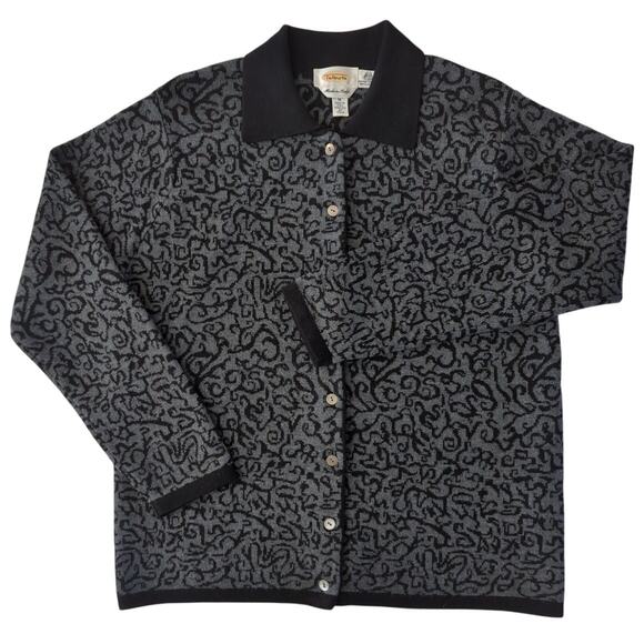 Talbots Black Gray Filigree Print Cardigan Italian 100% Merino Wool Women Size M - Picture 1 of 6